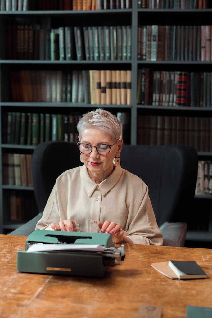 Elderly woman with short gray hair typing on a vintage typewriter in a cozy library setting.